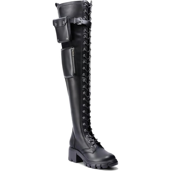 Women's Black Thigh High Boots Faux Leather Chunky Heel Over The Knee Boots - Picture 2 of 7